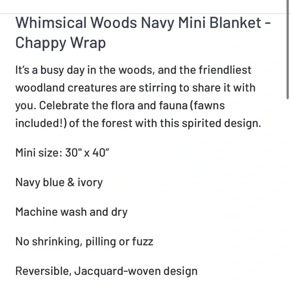 Chappywrap Whimsical Woods Navy Mini Blanket - NWT - Picture 4 of 4